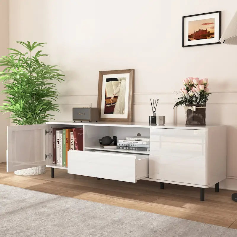 Meuble TV console moderne laqué, Meuble TV, Meuble TV avec étagères de rangement, Meuble TV pour salon, chambre à coucher