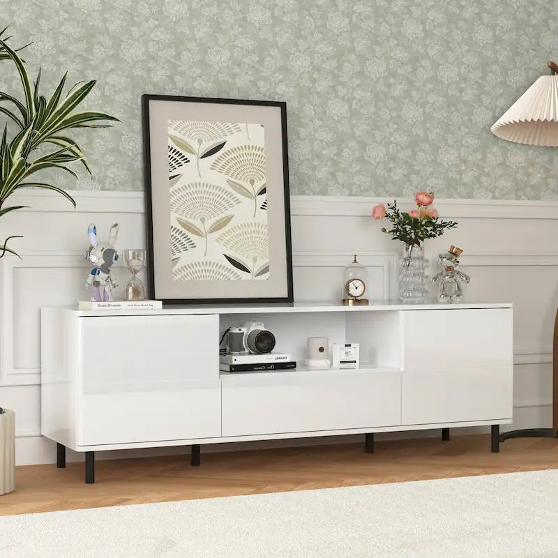 Meuble TV console moderne laqué, Meuble TV, Meuble TV avec étagères de rangement, Meuble TV pour salon, chambre à coucher