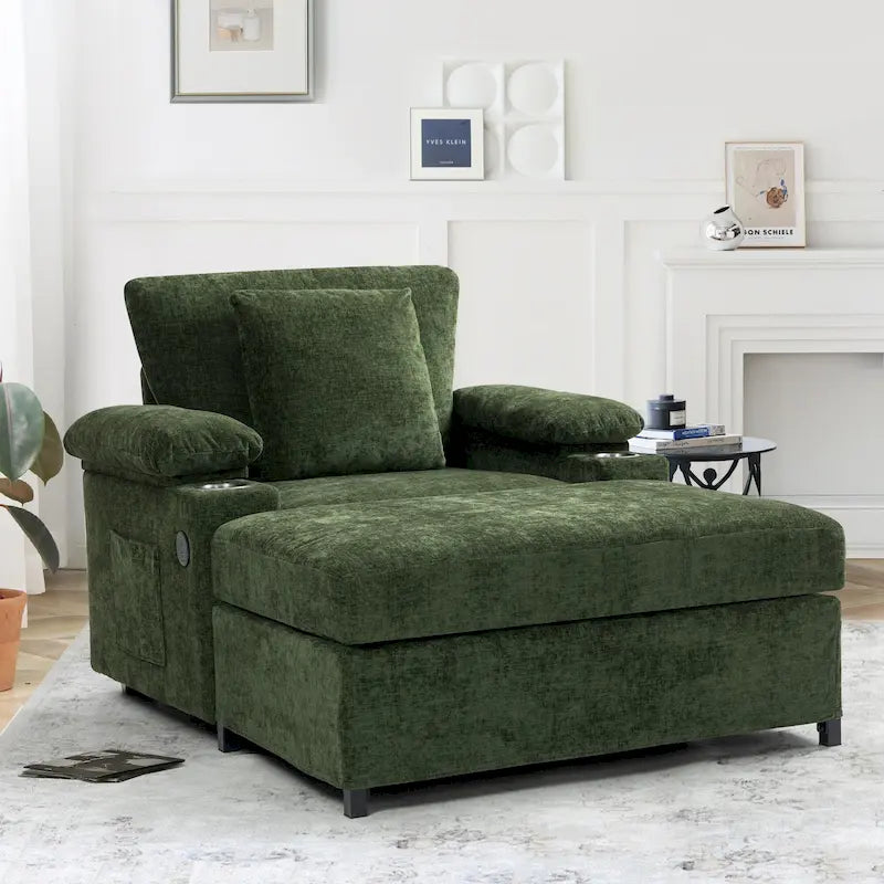 Fauteuil-lit surdimensionné en chenille avec pouf, rangement et chargement USB