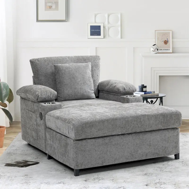 Fauteuil-lit surdimensionné en chenille avec pouf, rangement et chargement USB