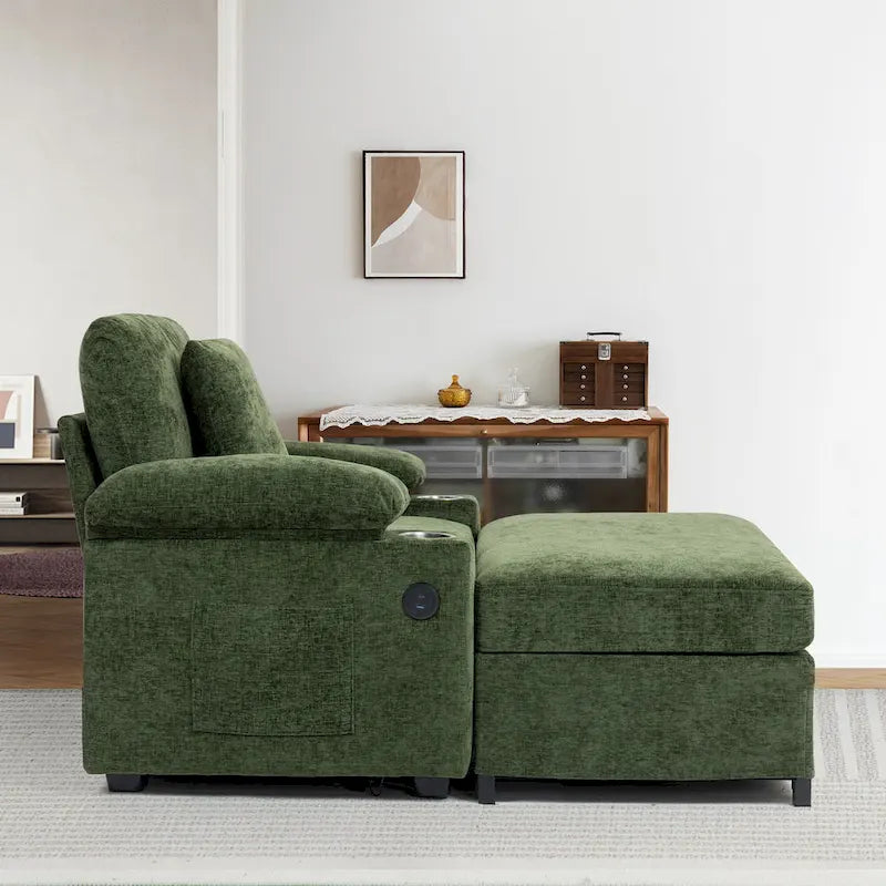Fauteuil-lit surdimensionné en chenille avec pouf, rangement et chargement USB