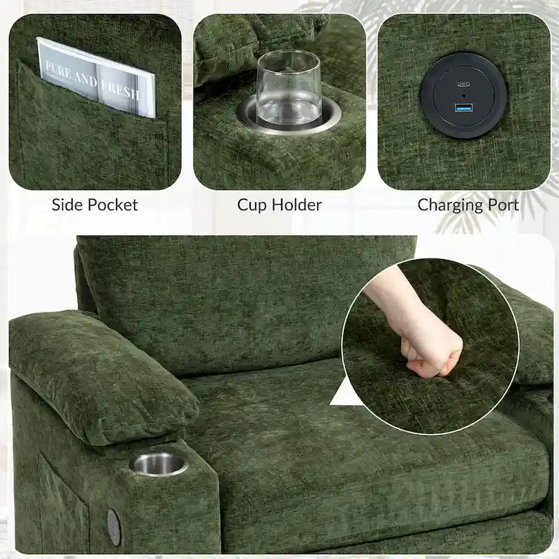 Fauteuil-lit surdimensionné en chenille avec pouf, rangement et chargement USB