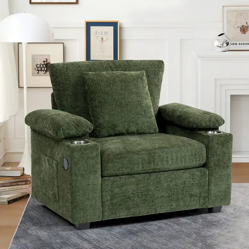 Fauteuil-lit surdimensionné en chenille avec pouf, rangement et chargement USB