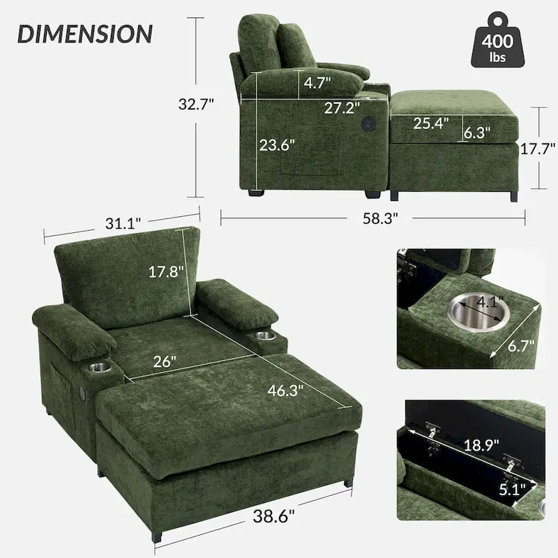 Fauteuil-lit surdimensionné en chenille avec pouf, rangement et chargement USB