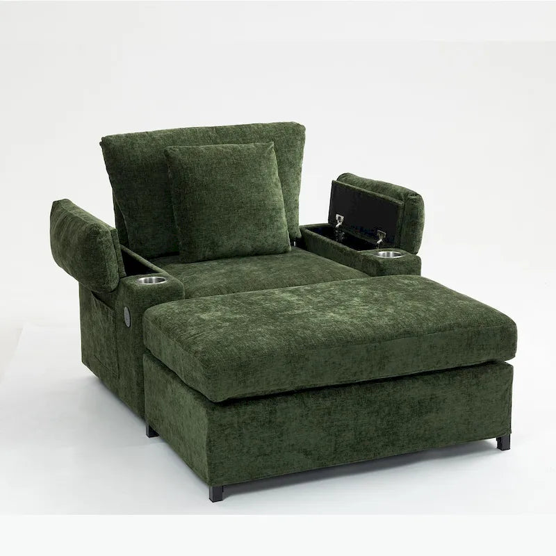 Fauteuil-lit surdimensionné en chenille avec pouf, rangement et chargement USB