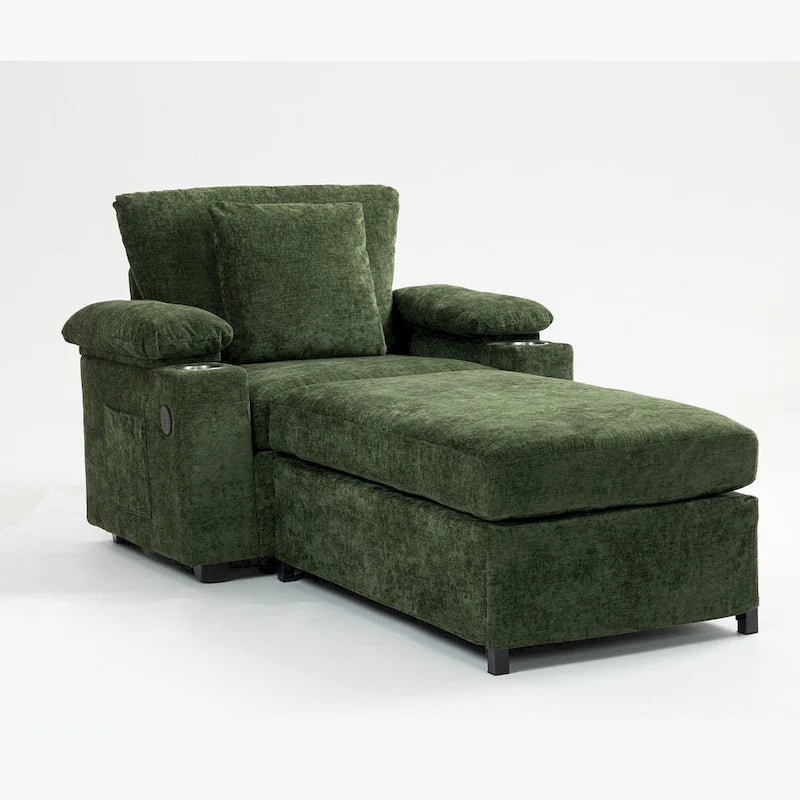Fauteuil-lit surdimensionné en chenille avec pouf, rangement et chargement USB