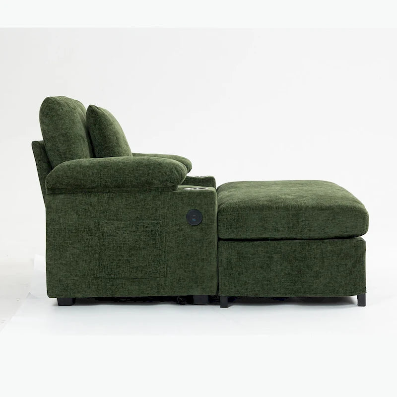 Fauteuil-lit surdimensionné en chenille avec pouf, rangement et chargement USB