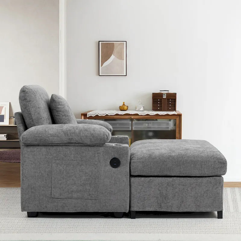 Fauteuil-lit surdimensionné en chenille avec pouf, rangement et chargement USB