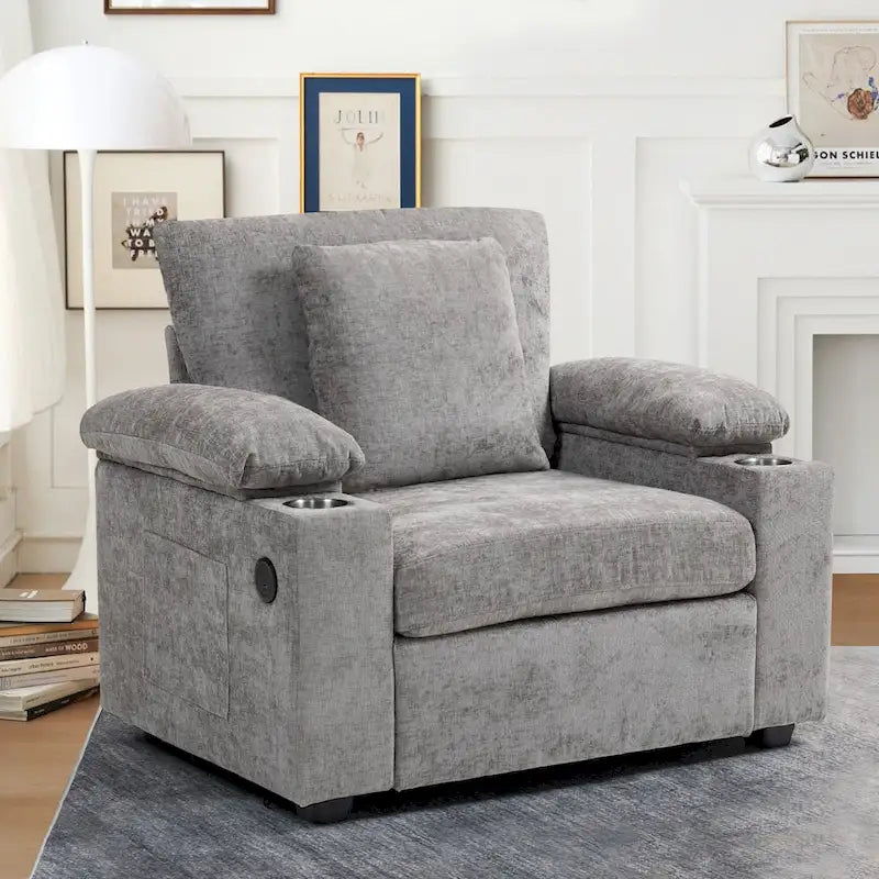 Fauteuil-lit surdimensionné en chenille avec pouf, rangement et chargement USB