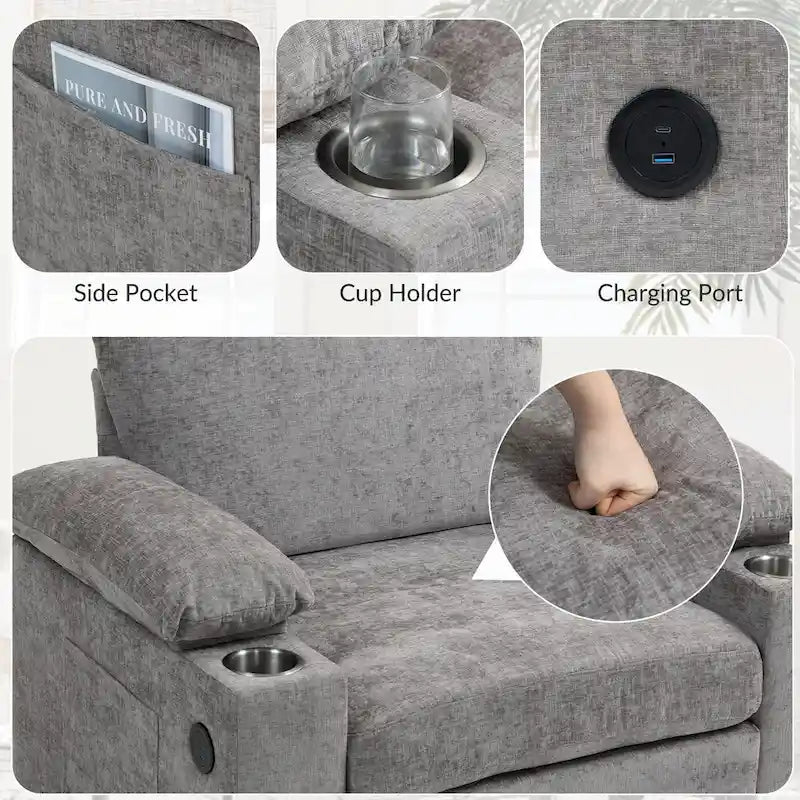 Fauteuil-lit surdimensionné en chenille avec pouf, rangement et chargement USB