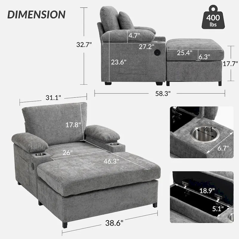 Fauteuil-lit surdimensionné en chenille avec pouf, rangement et chargement USB