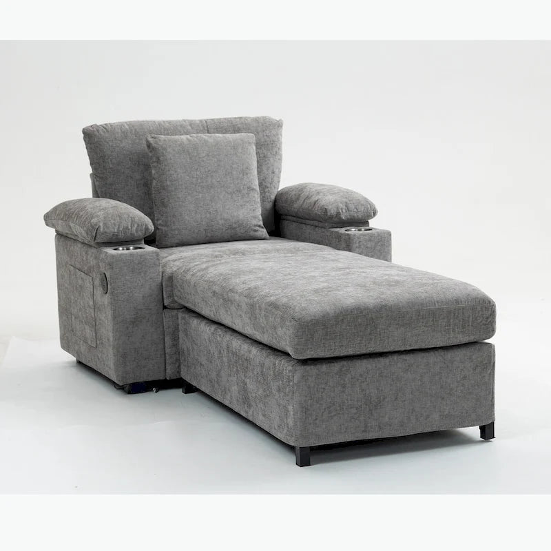 Fauteuil-lit surdimensionné en chenille avec pouf, rangement et chargement USB