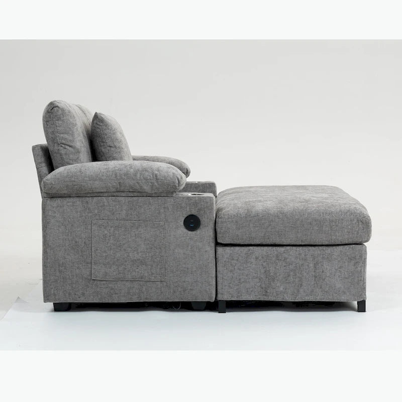 Fauteuil-lit surdimensionné en chenille avec pouf, rangement et chargement USB