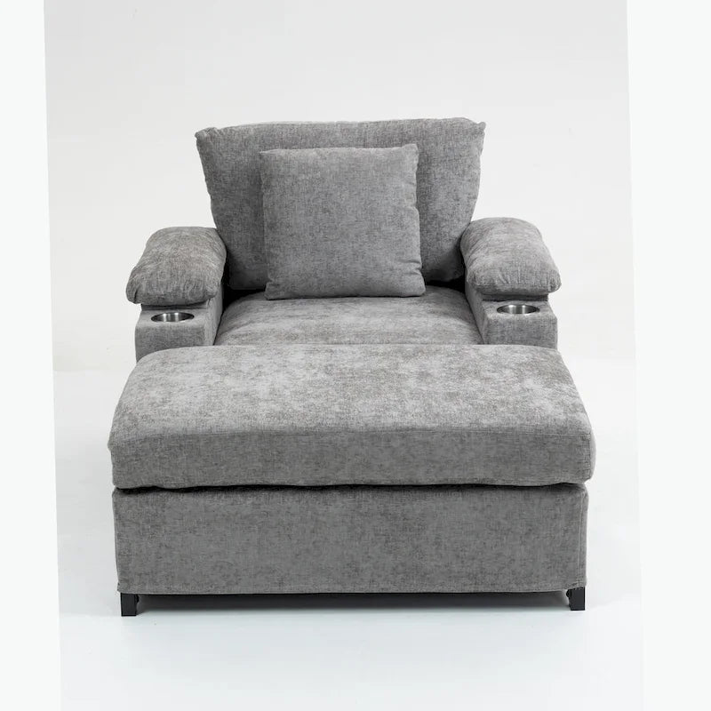 Fauteuil-lit surdimensionné en chenille avec pouf, rangement et chargement USB