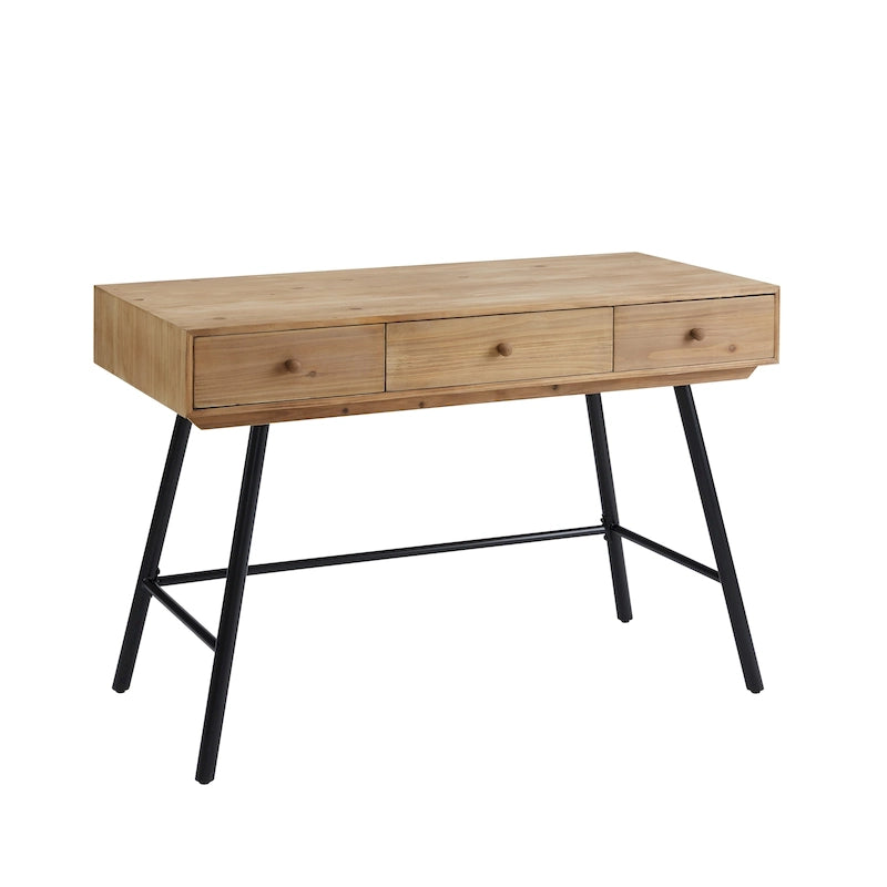 Bureau 3 tiroirs avec plateau en bois naturel et piétement en fer