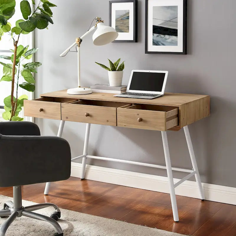 Bureau 3 tiroirs avec plateau en bois naturel et piétement en fer