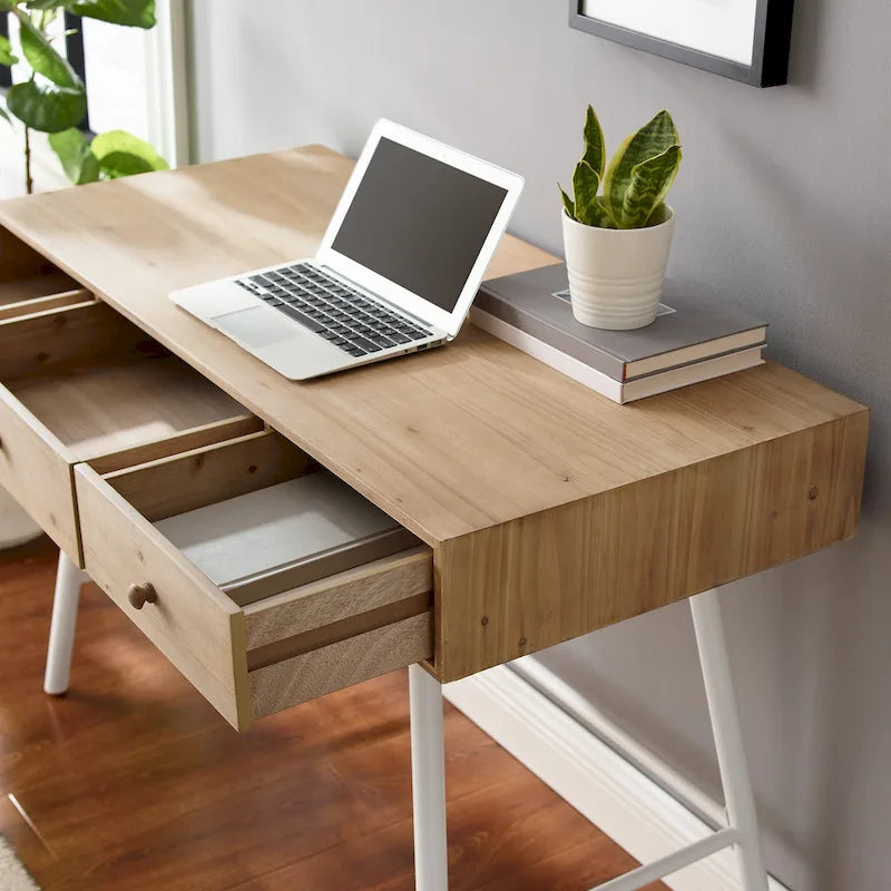 Bureau 3 tiroirs avec plateau en bois naturel et piétement en fer