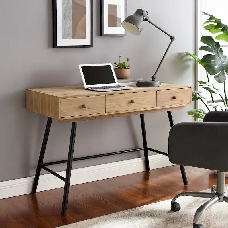 Bureau 3 tiroirs avec plateau en bois naturel et piétement en fer