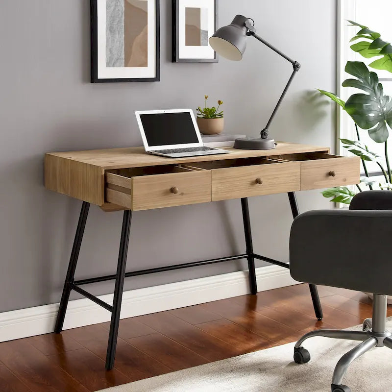 Bureau 3 tiroirs avec plateau en bois naturel et piétement en fer