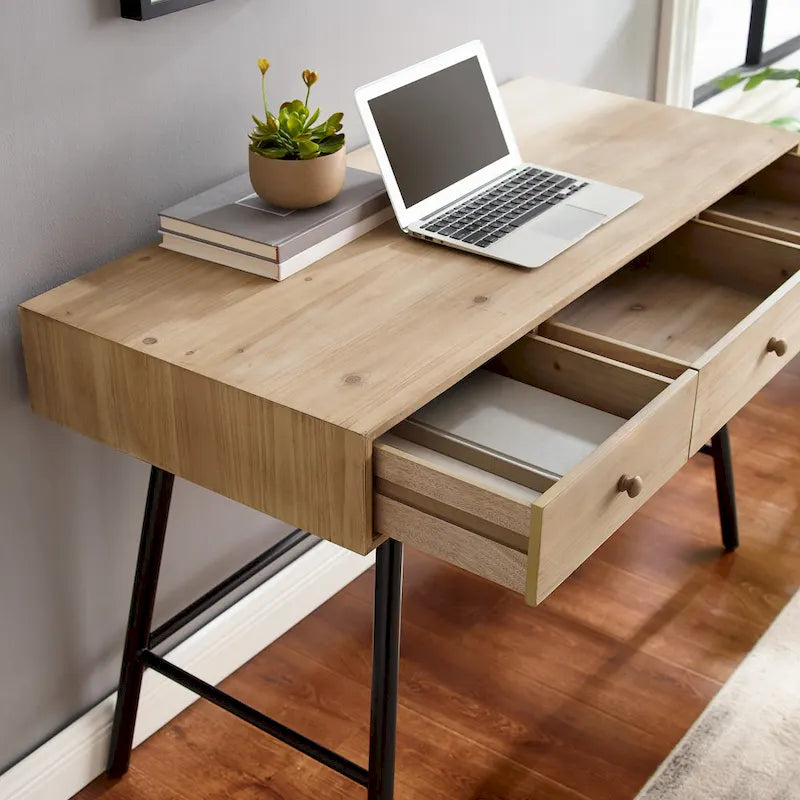 Bureau 3 tiroirs avec plateau en bois naturel et piétement en fer