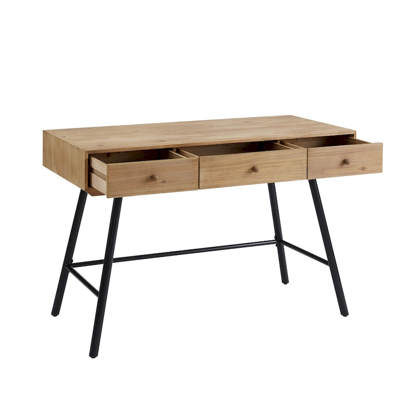 Bureau 3 tiroirs avec plateau en bois naturel et piétement en fer