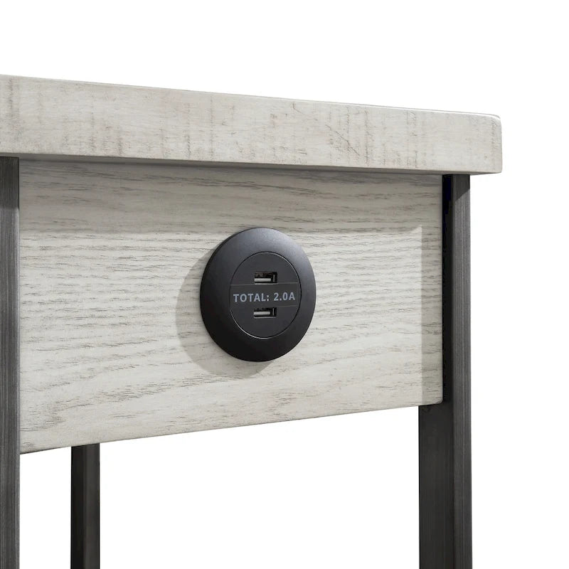 Table d'appoint industrielle en métal de 12 pouces avec 1 étagère, 1 tiroir et ports USB