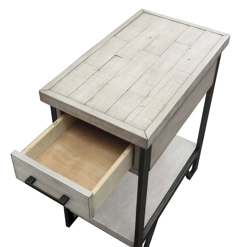 Table d'appoint industrielle en métal de 12 pouces avec 1 étagère, 1 tiroir et ports USB