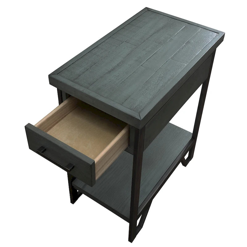 Table d'appoint industrielle en métal de 12 pouces avec 1 étagère, 1 tiroir et ports USB