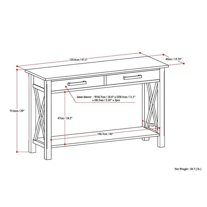 Console/table d'appoint contemporaine en bois massif de 47 pouces de large