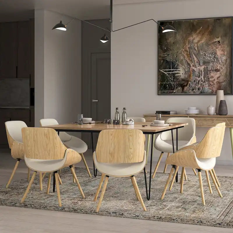 Chaise de salle à manger en bois courbé de style Mid-Century avec bois clair - Lin polyester