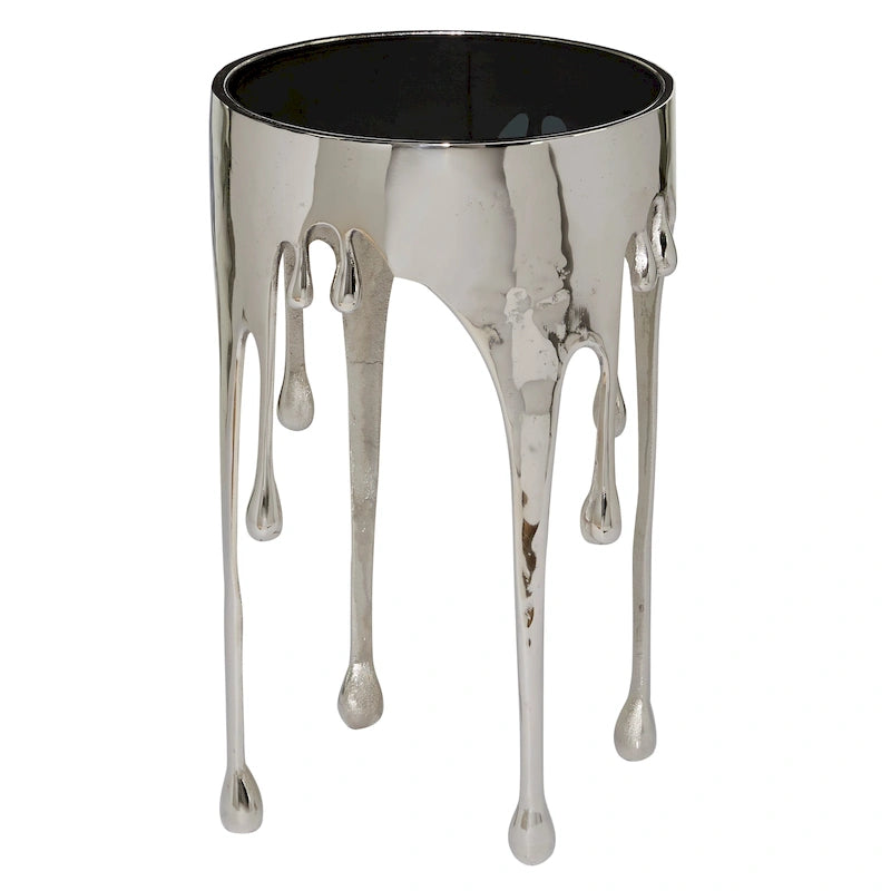 Table basse ou d'appoint en aluminium avec pieds à effet de fonte et plateau en verre fumé
