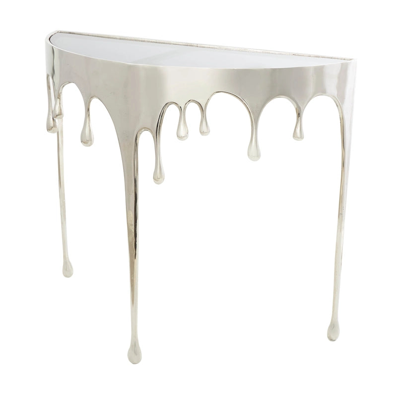 Table basse ou d'appoint en aluminium avec pieds à effet de fonte et plateau en verre fumé