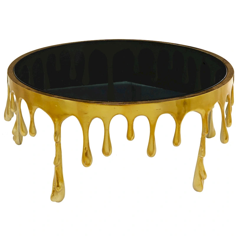 Table basse ou d'appoint en aluminium avec pieds à effet de fonte et plateau en verre fumé