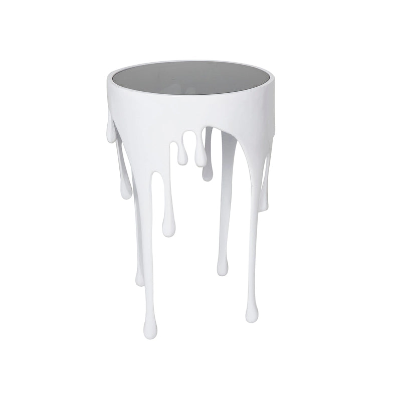 Table basse ou d'appoint en aluminium avec pieds à effet de fonte et plateau en verre fumé
