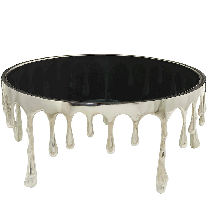 Table basse ou d'appoint en aluminium avec pieds à effet de fonte et plateau en verre fumé