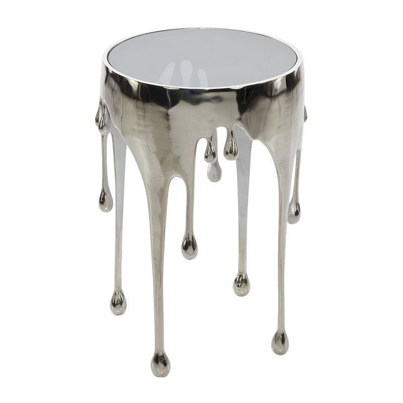 Table basse ou d'appoint en aluminium avec pieds à effet de fonte et plateau en verre fumé