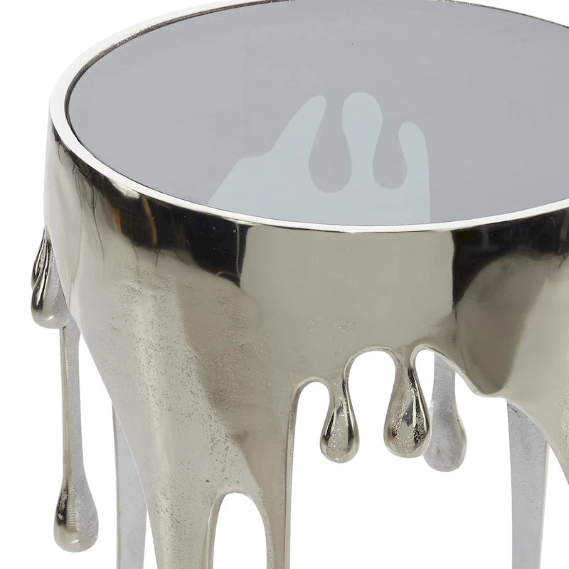 Table basse ou d'appoint en aluminium avec pieds à effet de fonte et plateau en verre fumé