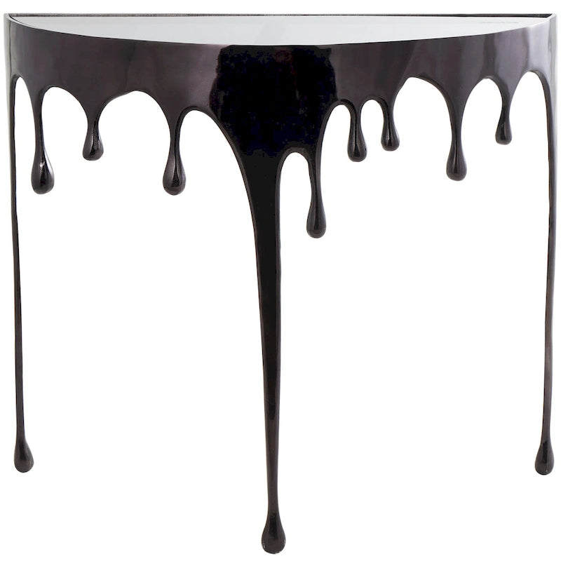 Table basse ou d'appoint en aluminium avec pieds à effet de fonte et plateau en verre fumé