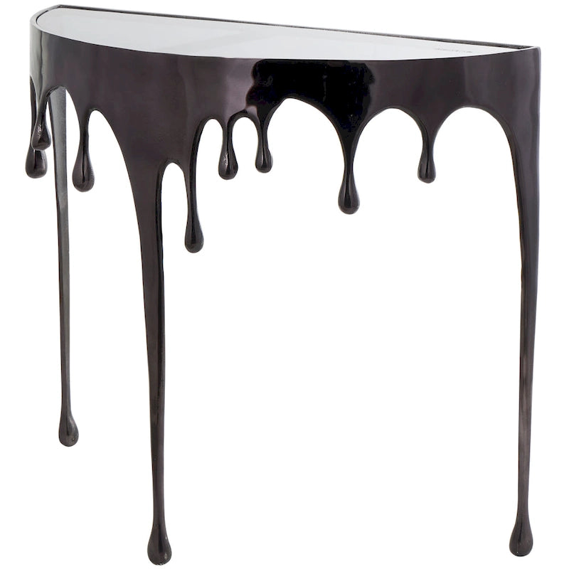 Table basse ou d'appoint en aluminium avec pieds à effet de fonte et plateau en verre fumé