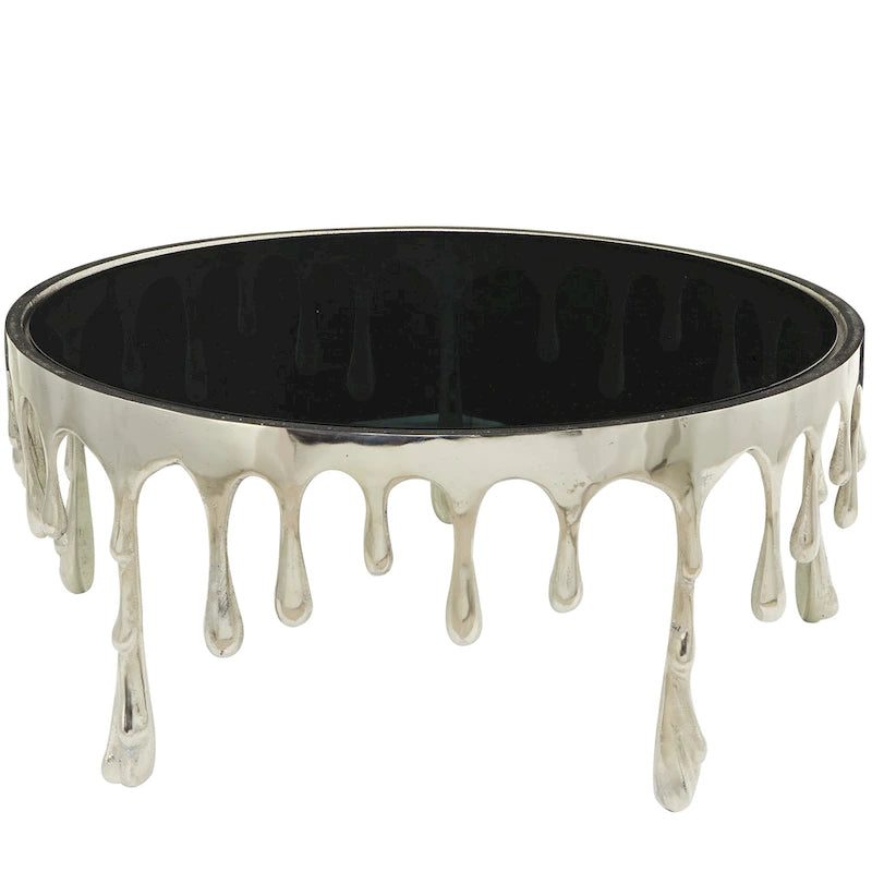 Table basse ou d'appoint en aluminium avec pieds à effet de fonte et plateau en verre fumé