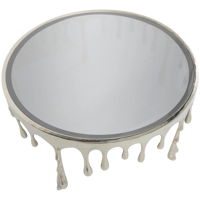 Table basse ou d'appoint en aluminium avec pieds à effet de fonte et plateau en verre fumé