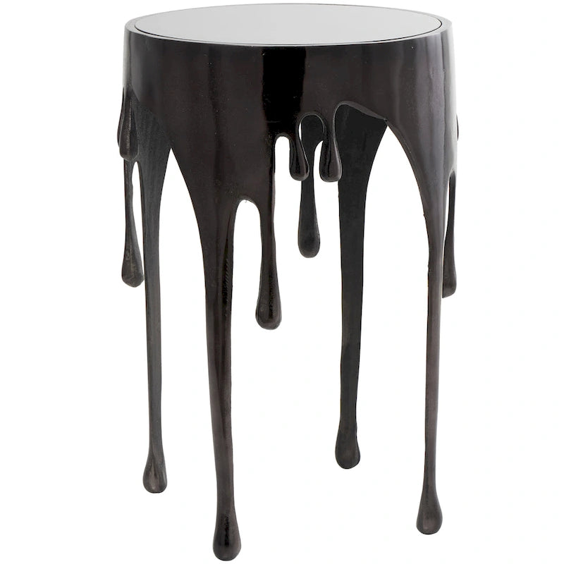Table basse ou d'appoint en aluminium avec pieds à effet de fonte et plateau en verre fumé
