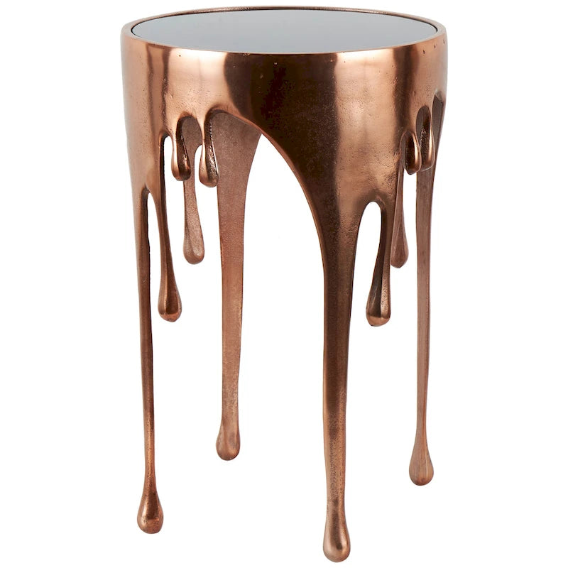 Table basse ou d'appoint en aluminium avec pieds à effet de fonte et plateau en verre fumé