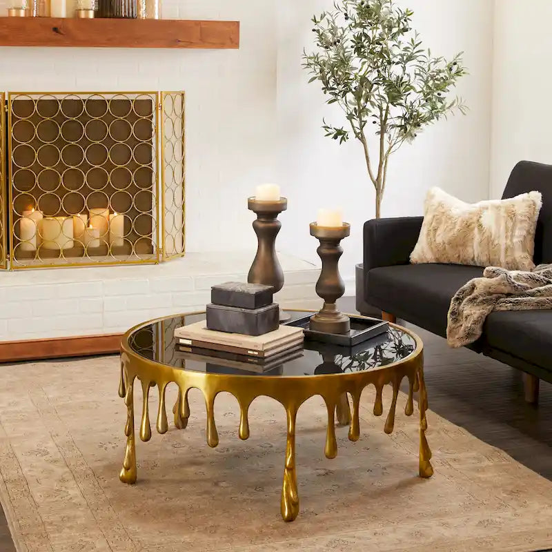 Table basse ou d'appoint en aluminium avec pieds à effet de fonte et plateau en verre fumé