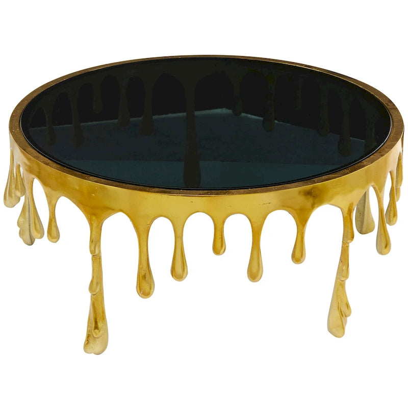 Table basse ou d'appoint en aluminium avec pieds à effet de fonte et plateau en verre fumé