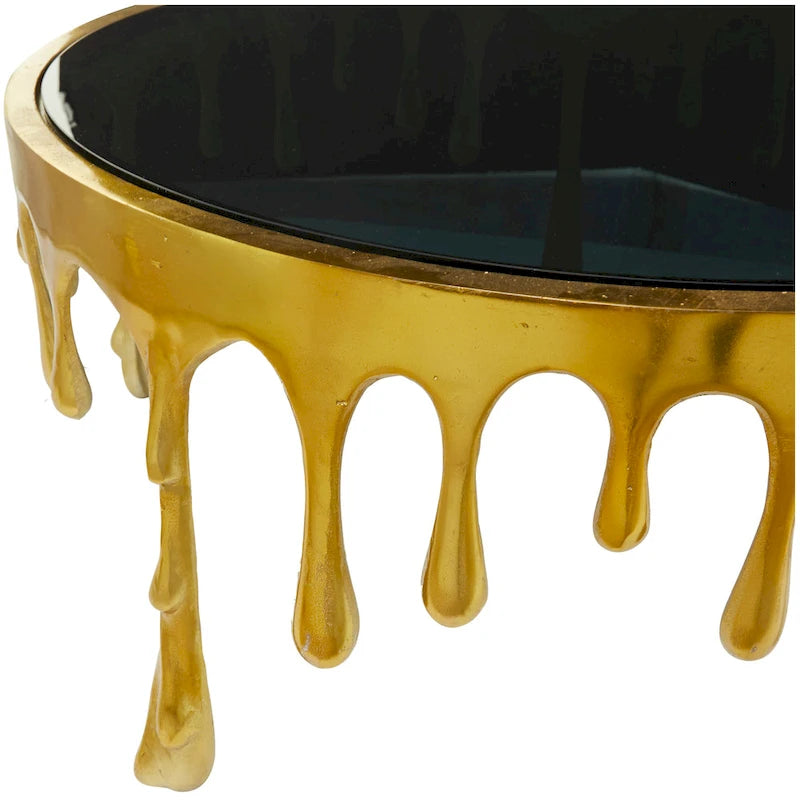 Table basse ou d'appoint en aluminium avec pieds à effet de fonte et plateau en verre fumé
