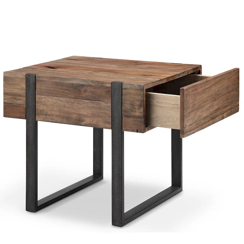 Table d'appoint rectangulaire en bois recyclé coloris miel rustique avec piètement en fer