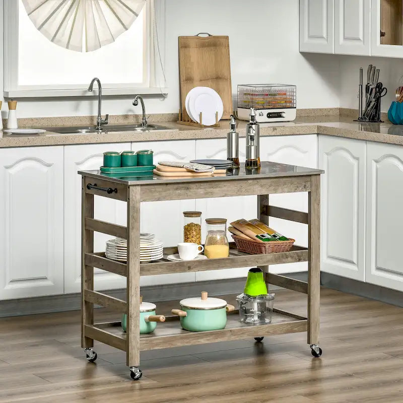 Desserte de cuisine roulante avec plateau en acier inoxydable et casier à vin - 108L x 48P x 89H cm