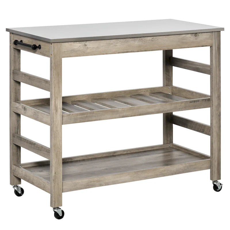 Desserte de cuisine roulante avec plateau en acier inoxydable et casier à vin - 108L x 48P x 89H cm