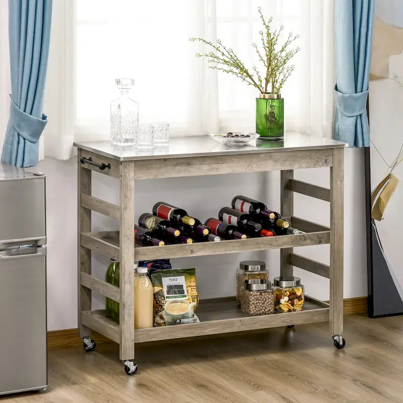 Desserte de cuisine roulante avec plateau en acier inoxydable et casier à vin - 108L x 48P x 89H cm